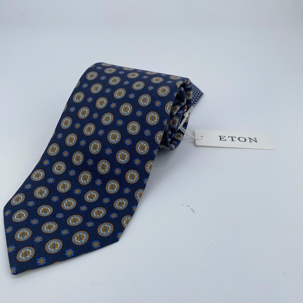 Eton Tie Mens One Size Navy Patterned Silk Classic Fit‎ Necktie Italy Made NWT